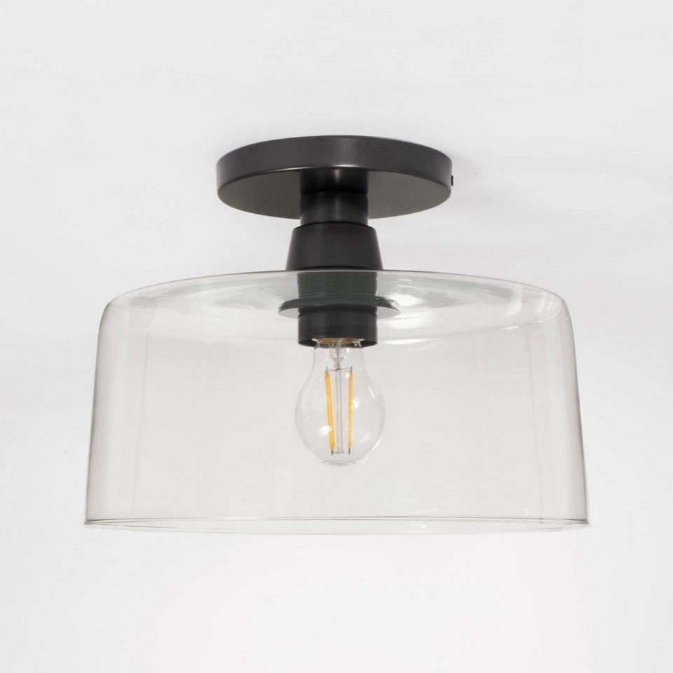 A closeup of the light, which has black hardware