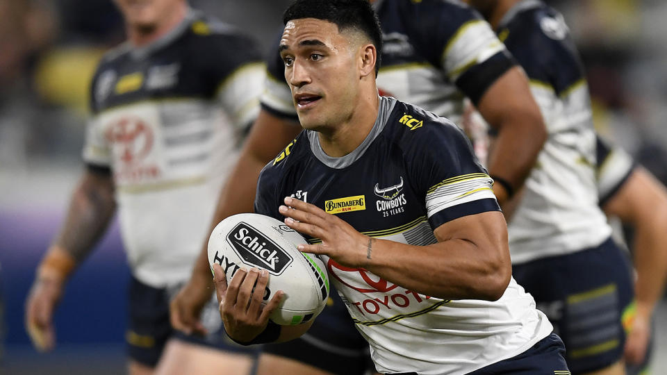 Valentine Holmes, pictured here in action for the Cowboys in the NRL.