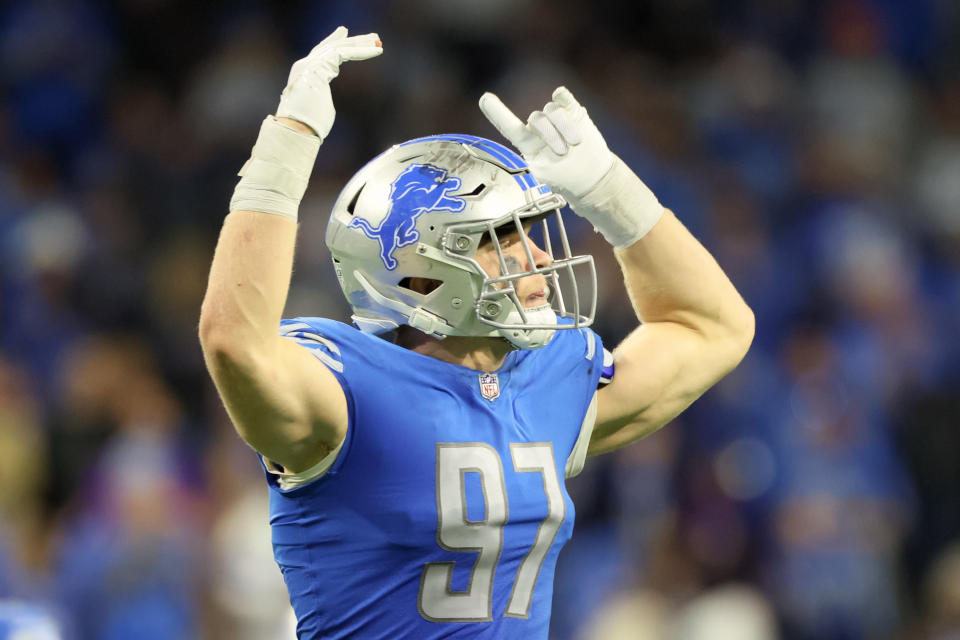 Detroit Lions defensive end Aidan Hutchinson and his team are back in the playoff race. (Photo by Amy Lemus/NurPhoto via Getty Images)