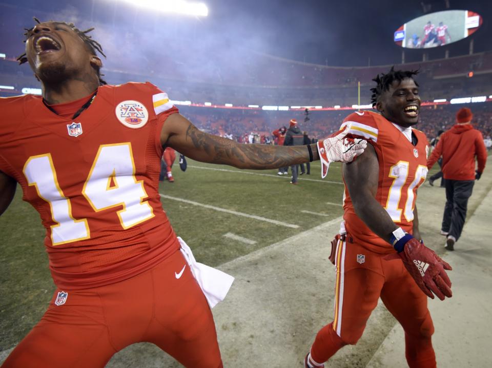 Tyreek Hill, left, has helped transform the Kansas City Chiefs, but his past hasn't been forgotten. (AP)