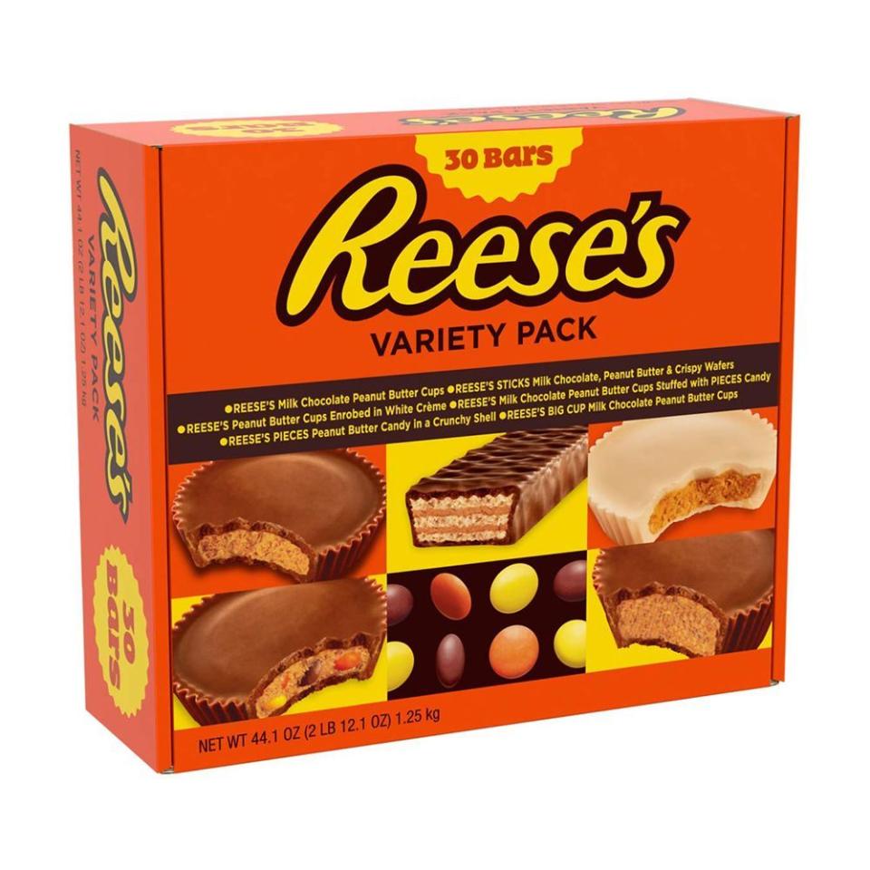 <p><strong>Reese's</strong></p><p>amazon.com</p><p><strong>$25.00</strong></p><p><a href="https://www.amazon.com/dp/B07K2QKFL4?tag=syn-yahoo-20&ascsubtag=%5Bartid%7C2089.g.1912%5Bsrc%7Cyahoo-us" rel="nofollow noopener" target="_blank" data-ylk="slk:Shop Now;elm:context_link;itc:0;sec:content-canvas" class="link ">Shop Now</a></p><p>Whether you're stocking up for trick-or-treaters or just want to make sure you always have your favorite candy on hand, this Reese's Variety Pack will win over any chocolate-peanut butter lover. </p><p>The box comes with 30 full-size bars with a mix of Reese’s Cups, Reese’s Sticks Bars, Reese’s White Cups, Reese’s Pieces Cups, Reese’s Pieces Candies, and Reese’s Big Cups.</p>