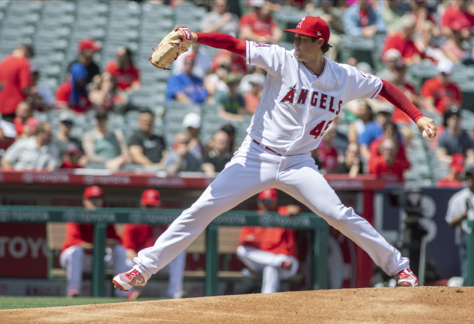 Los Angeles Angels starting pitcher Tyler Skaggs delivers a pitch against the Texas Rangers in the first inning in Anaheim, Calif., Saturday, April 6, 2019. (Paul Rodriguez/The Orange County Register via AP)