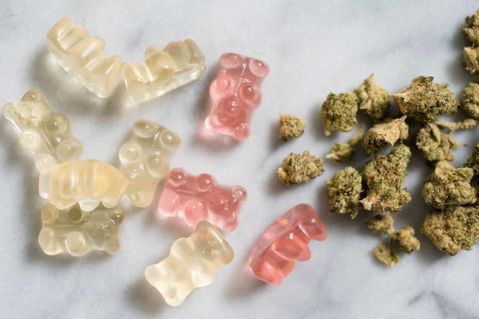 <p>Getty</p> A photograph of gummy bears (left) and marijuana