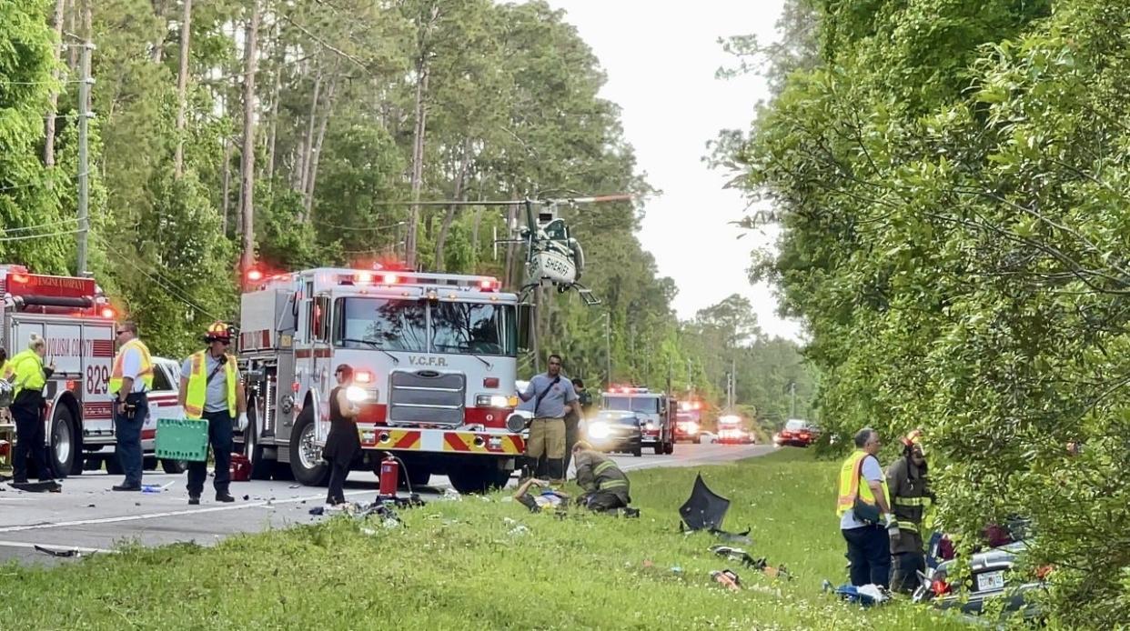 A Volusia County sheriff's helicopter takes off transporting a St. Augustine woman as a trauma alert from a crash on U.S. 17 in Pierson to Halifax Health Medical Center in Daytona Beach Tuesday afternoon. The woman died at the hospital, the Florida Highway Patrol said.
