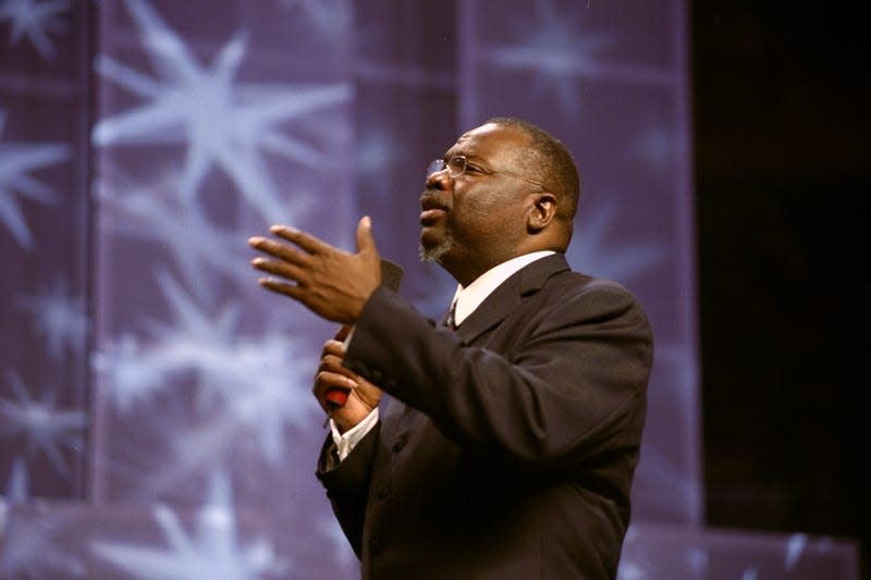 UNITED STATES - AUGUST 12: Bishop Thomas (TD) Jakes speaks at Good News New York gospel crusade at Madison Square Garden.