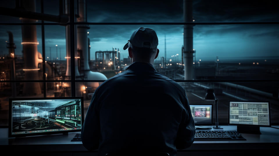 A technician in a control room monitoring energy flows from a natural gas-fired power plant.