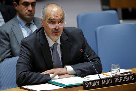 Syrian Ambassador to the U.N. Bashar Jaafari speaks during a meeting of the U.N. Security Council to vote on a bid to renew an international inquiry into chemical weapons attacks in Syria, during a meeting at UN headquarters in New York, U.S., November 16, 2017. REUTERS/Lucas Jackson