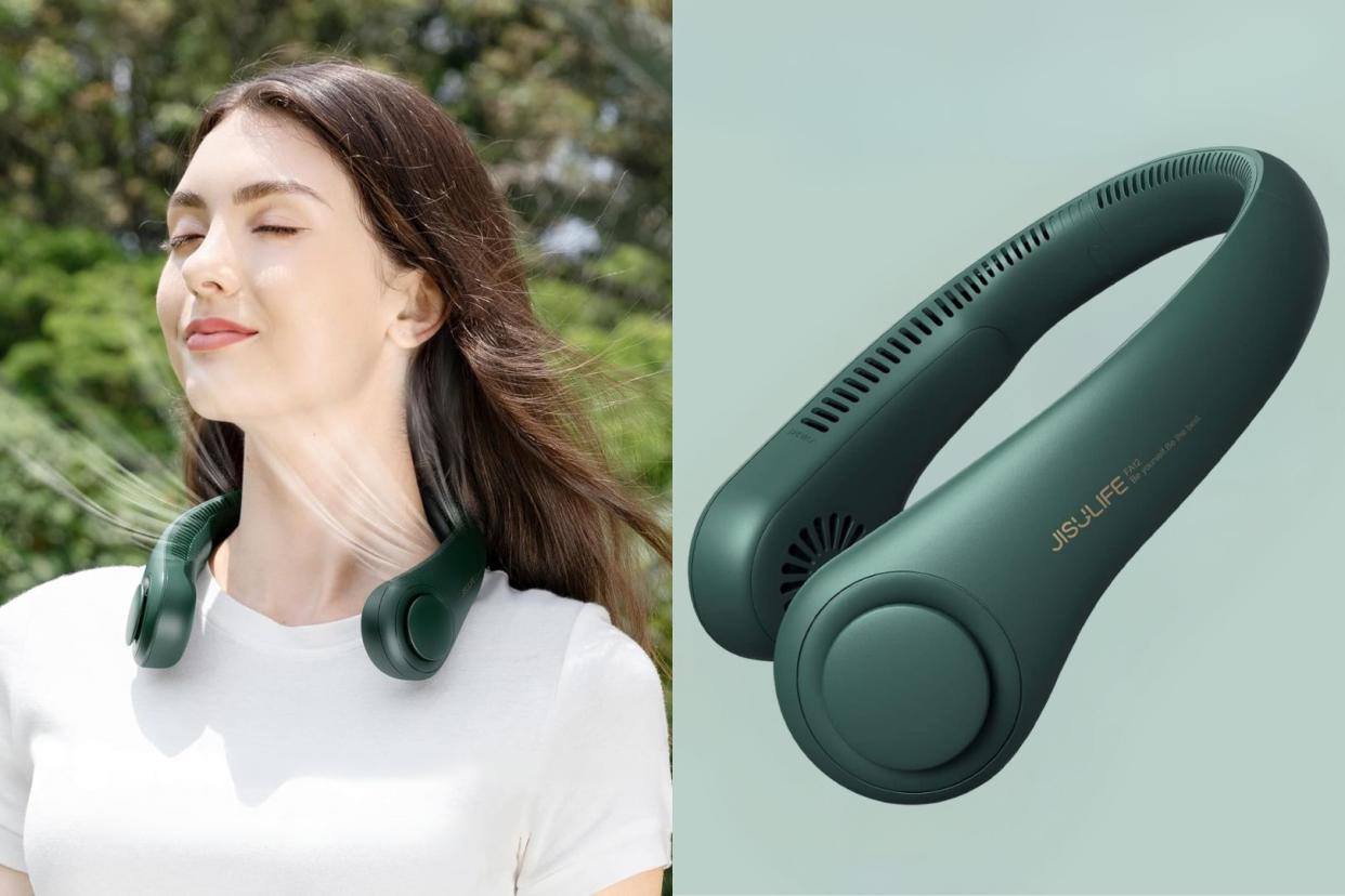 the Amazon portable neck fan around someone's neck outside