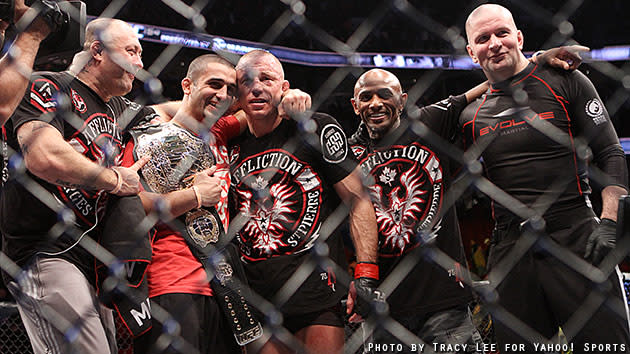 Georges St-Pierre celebrates after beating Carlos Condit at UFC 154. (Courtesy Tracy Lee for Y! Sports)