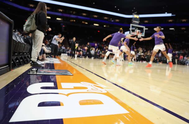 PHOTO: PA decal for Brittney Griner #42 of the Phoenix Mercury is displayed on the court before the WNBA game at Footprint Center on May 11, 2022 in Phoenix. (Christian Petersen/Getty Images)
