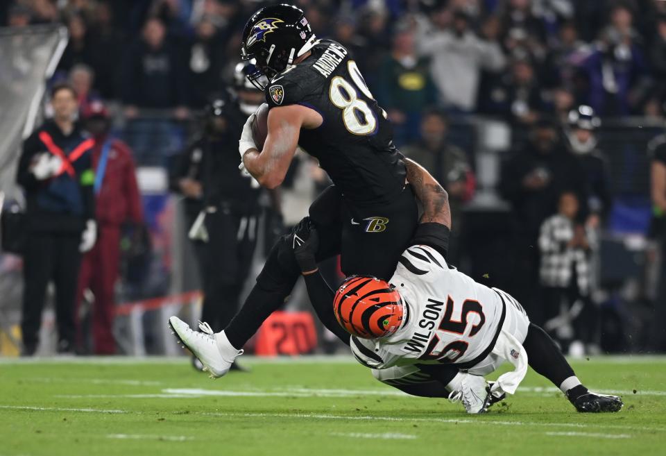Mark Andrews suffered ligament damage to his left ankle on this tackle by Bengals linebacker Logan Wilson in Week 11.