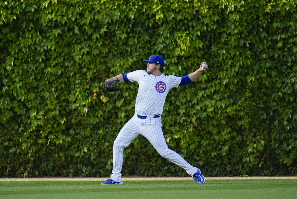 Chicago Cubs starting pitcher Justin Steele warms up before a baseball game against the San Diego Padres, Monday, May 6, 2024, in Chicago. (AP Photo/Erin Hooley)