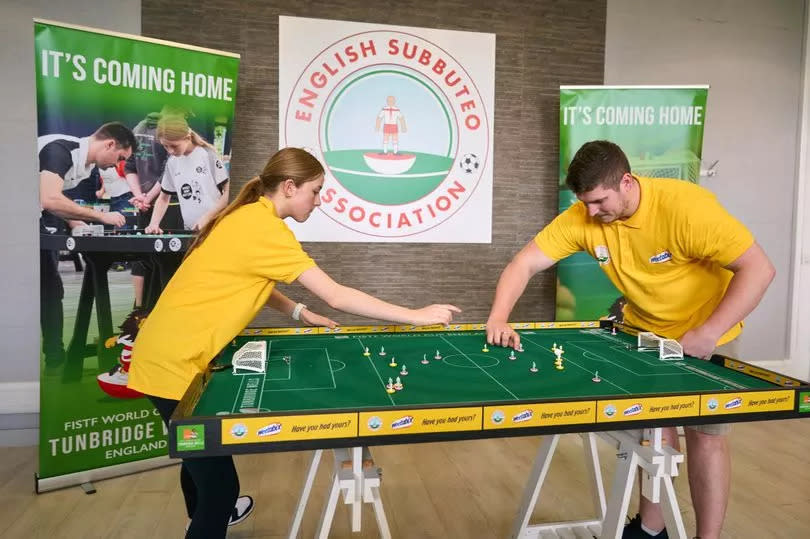 Ruby practices with England teammate Elliott Bellefontaine ahead of the Subbuteo World Cup