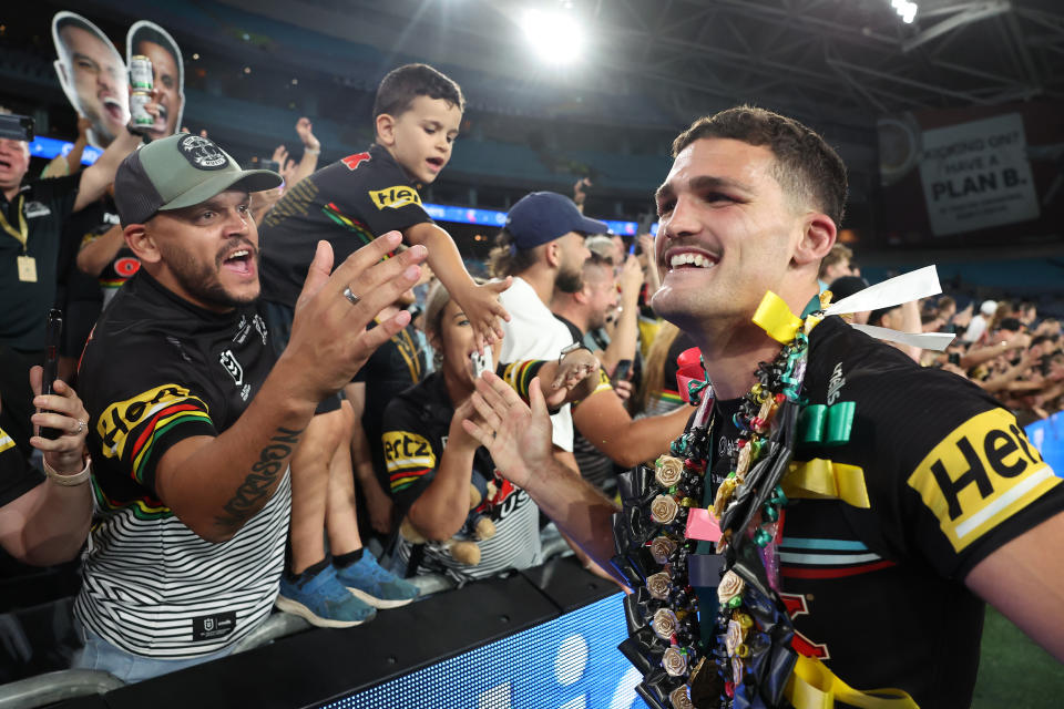 Nathan Cleary celebrates with fans.