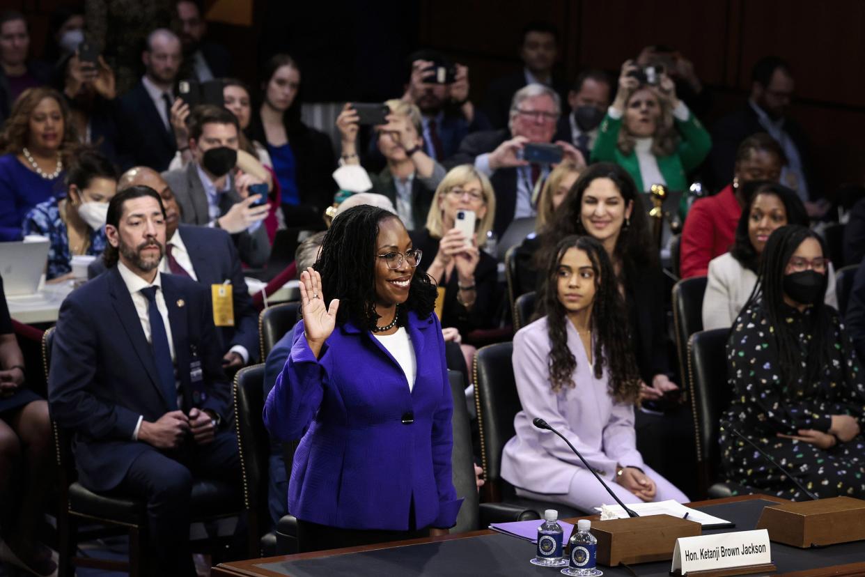 U.S. Supreme Court nominee Judge Ketanji Brown Jackson is sworn-in during her confirmation hearing before the Senate Judiciary Committee in the Hart Senate Office Building on Capitol Hill on March 21, 2022, in Washington, DC.