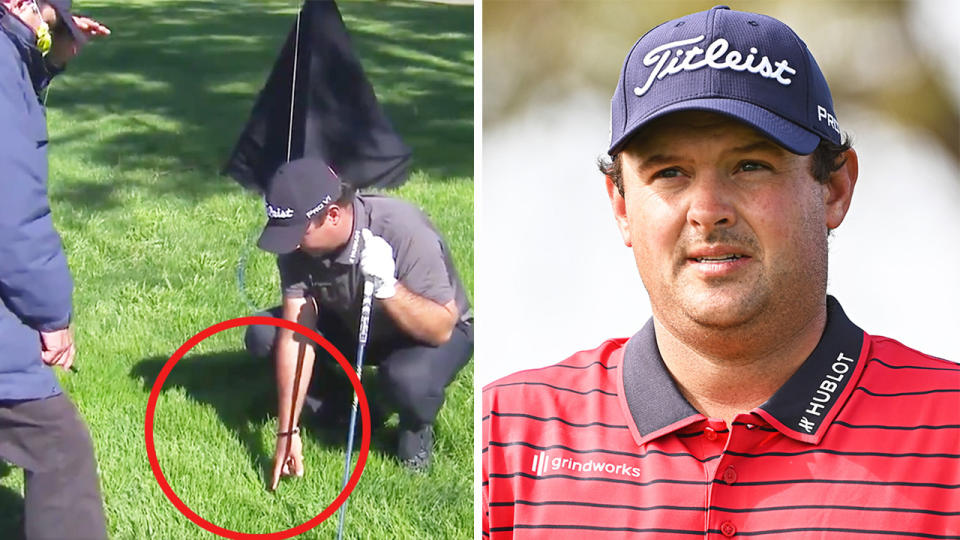 Patrick Reed (pictured right) during the Farmers Insurance Open and (pictured left) talking to an official about where his ball landed.