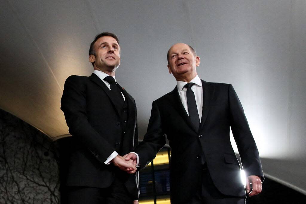 Olaf Scholz  et Emmanuel Macron, à Berlin le 22 janvier 2024.  