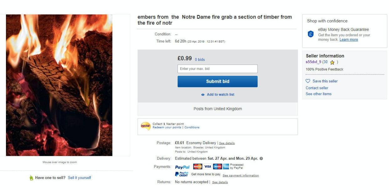 The eBay listing which purported to offer for sale 'timber' recovered from the Notre Dame fire has been removed (PA)