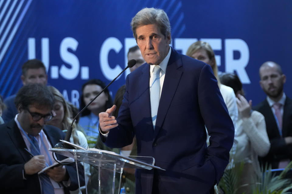 U.S. Special Presidential Envoy for Climate John Kerry speaks during a session on accelerating clean energy at the COP27 U.N. Climate Summit, Wednesday, Nov. 9, 2022, in Sharm el-Sheikh, Egypt. (AP Photo/Peter Dejong)