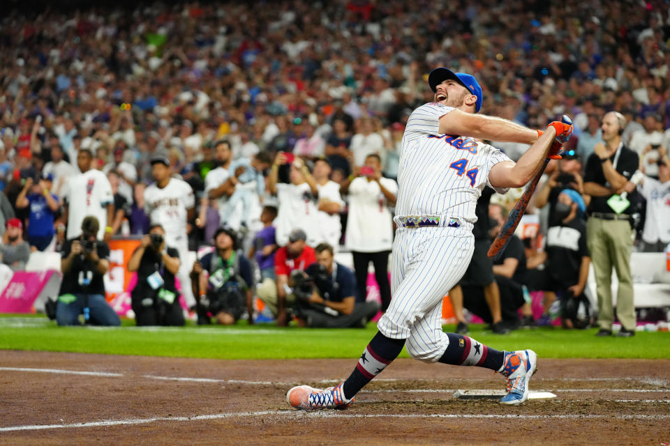 DENVER, CO - JULY 12:  Pete Alonso #20 of the New York Mets bats during the 2021 T-Mobile Home Run Derby at Coors Field on Monday, July 12, 2021 in Denver, Colorado. (Photo by Daniel Shirey/MLB Photos via Getty Images)