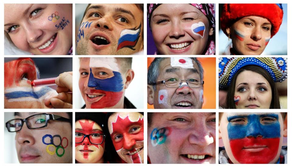 In this combination of photos taken between Feb. 9 and Feb. 13, 2014, spectators at the 2014 Winter Olympics in Sochi, Russia, show their national pride with face paint. (AP Photo)