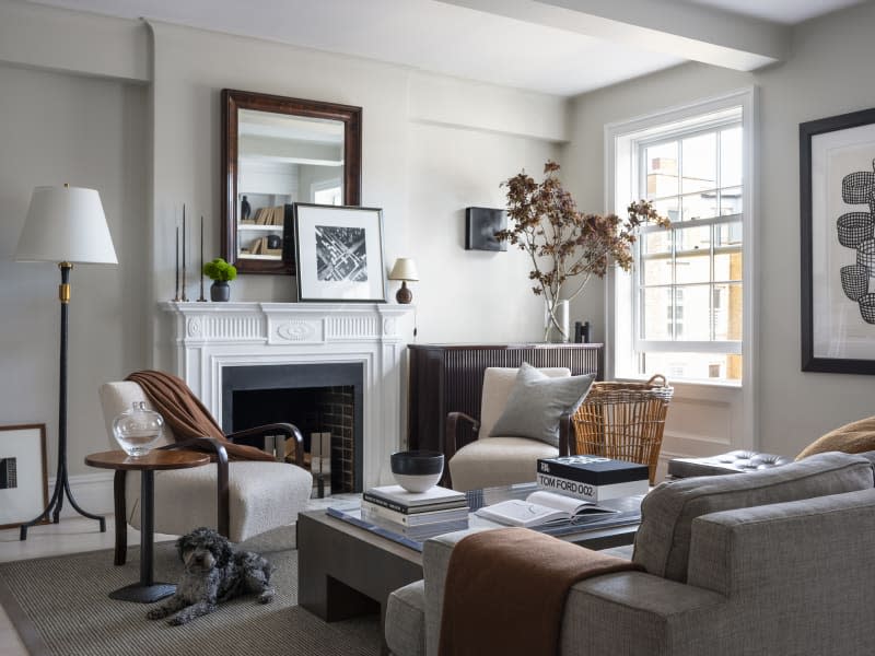 white living room with gray and neutral toned furniture with fireplace and dog