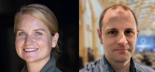 Katie Buss and Ben Howard will serve as co-CEOs at KinectAir. (Photos via KinectAir / LinkedIn)
