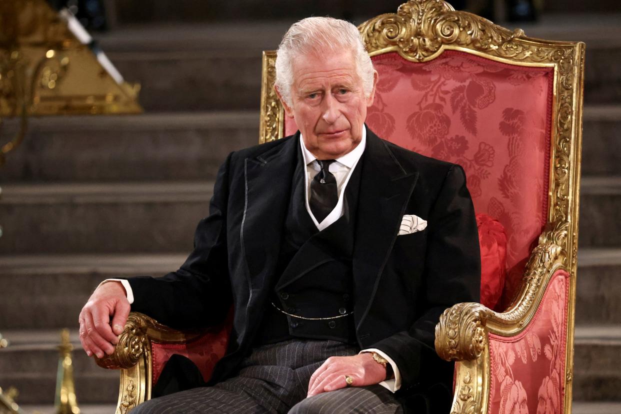 Britain's King Charles III attends the presentation of Addresses by both Houses of Parliament in Westminster Hall, inside the Palace of Westminster, central London on September 12, 2022, following the death of Queen Elizabeth II on September 8. (Photo by HENRY NICHOLLS / POOL / AFP) (Photo by HENRY NICHOLLS/POOL/AFP via Getty Images)