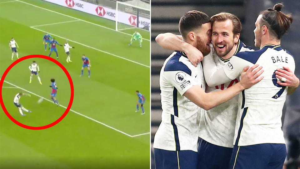 Pictured here, Harry Kane is hugged by teammates after scoring a wonder goal for Spurs.