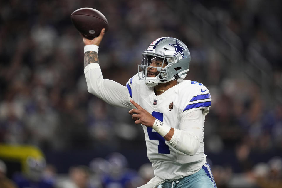 Dallas Cowboys quarterback Dak Prescott (4) throws in the first half of an NFL football game against the New York Giants, Sunday, Nov. 12, 2023, in Arlington, Texas. (AP Photo/Tony Gutierrez)