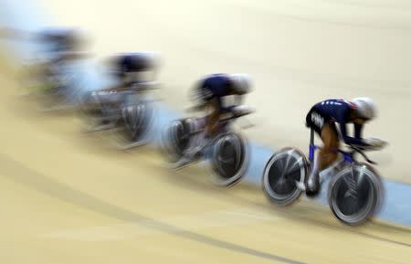 2016 Rio Olympics - Cycling Track - Women's Team Pursuit 1st round - Rio Olympic Velodrome - Rio de Janeiro, Brazil - Sarah Hammer (USA) of USA, Kelly Catlin (USA) of USA, Chloe Dygert (USA) of USA and Jennifer Valente (USA) of USA compete. REUTERS/Paul Hanna