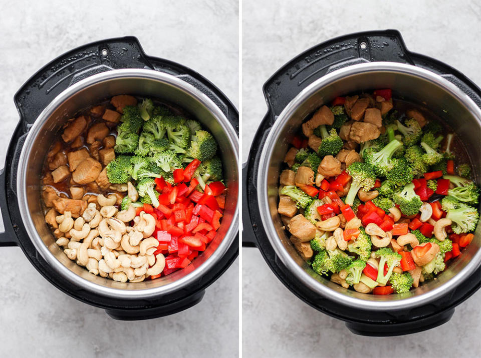 The simple sauce — which includes soy sauce, garlic, and ginger — comes together quickly and packs a ton of flavor.Recipe: Instant Pot Cashew Chicken