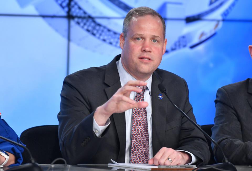 NASA Administrator Jim Bridenstine answers questions about the Starliner at a news conference after the vehicle failed to achieve proper orbit after launch from Cape Canaveral Air Force Station in December 2019.