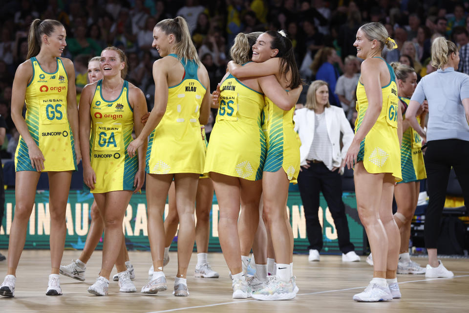 Australian Diamonds players, pictured here after their win over New Zealand in the Constellation Cup.