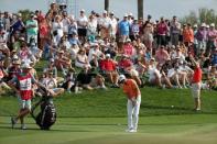 Feb 26, 2017; Palm Beach Gardens, FL, USA; Rickie Fowler hits his third shot on the ninth hole during the final round of The Honda Classic at PGA National (Champion). Mandatory Credit: Jason Getz-USA TODAY Sports