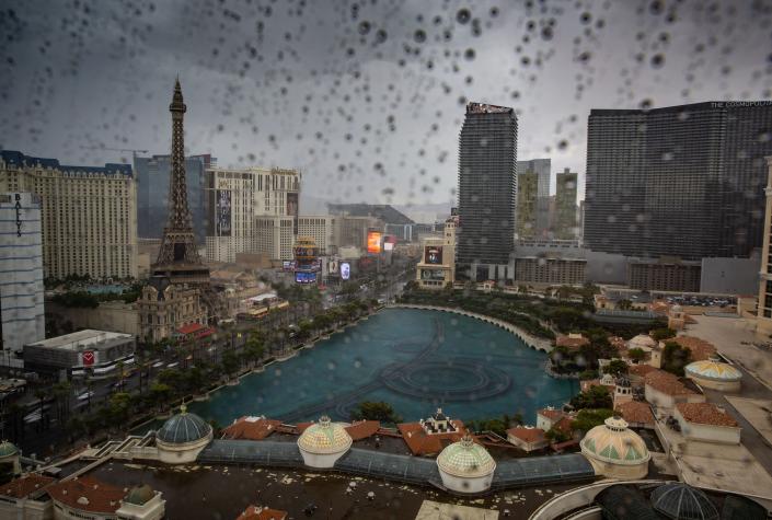The Bellagio Hotel Water Fountain Lake on the Las Vegas Strip is viewed from a tower at Caesars Palace Hotel &amp; Casino during an unusual thunderstorm on July 15, 2022 in Las Vegas, Nevada.