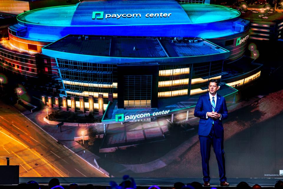 Oklahoma City Mayor David Holt speaks Thursday at the State of the City at the Oklahoma City Convention Center. The mayor said voters may be asked later this year to extend the MAPS 4 temporary sales tax to help pay for a new arena for the Oklahoma City Thunder.