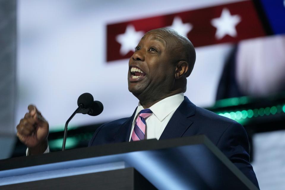 Sen. Tim Scott (SC) speaks during the first day of the Republican National Convention. The RNC kicked off the first day of the convention with the roll call vote of the states.