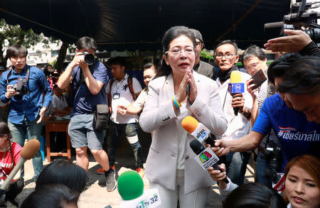 Sudarat Keyuraphan, Pheu Thai Party's prime minister candidate greets as she arrives to cast her vote during the general election at a polling station in Bangkok, Thailand, March 24, 2019. REUTERS/Soe Zeya Tun