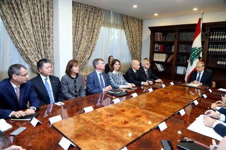 Lebanese President Michel Aoun meets with the Ambassadors of the member countries of the International Support for Lebanon in the Security Council, at the presidential palace in Baabda, Lebanon, November 10, 2017. Dalati Nohra/Handout via REUTERS