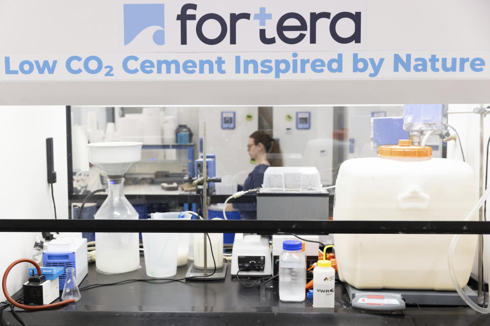 Materials rest in an area used for the ReCarb process at Fortera's facility in San Jose, Calif., Wednesday, April 10, 2024. The cement industry is one of the largest emitters of carbon dioxide and is responsible for about 8% of global emissions each year. Fortera, a clean tech company whose technology captures carbon emissions from kilns and feeds it back in to the process, is opening its first commercial scale operation on Thursday, April 12, 2024, in California. (AP Photo/Benjamin Fanjoy)