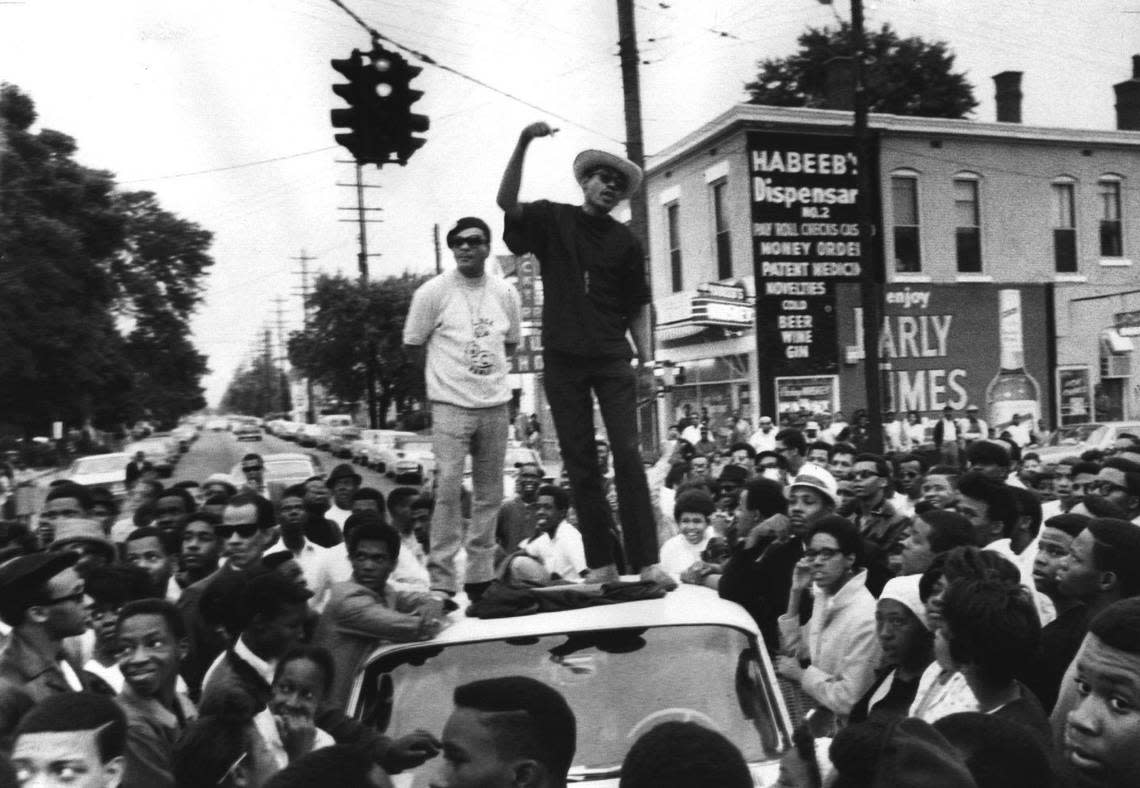 James Cortez (white shirt) and Sam Hawkins, head of the Black Unity League of Kentucky, speak at a rally in Louisville on May 27, 1968, preceding West End violence.