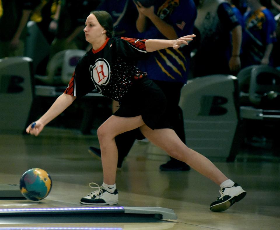 Vanessa DeVita of New Boston Huron takes a shot on Monday, Feb. 12, 2024 at Monroe Sport Center.