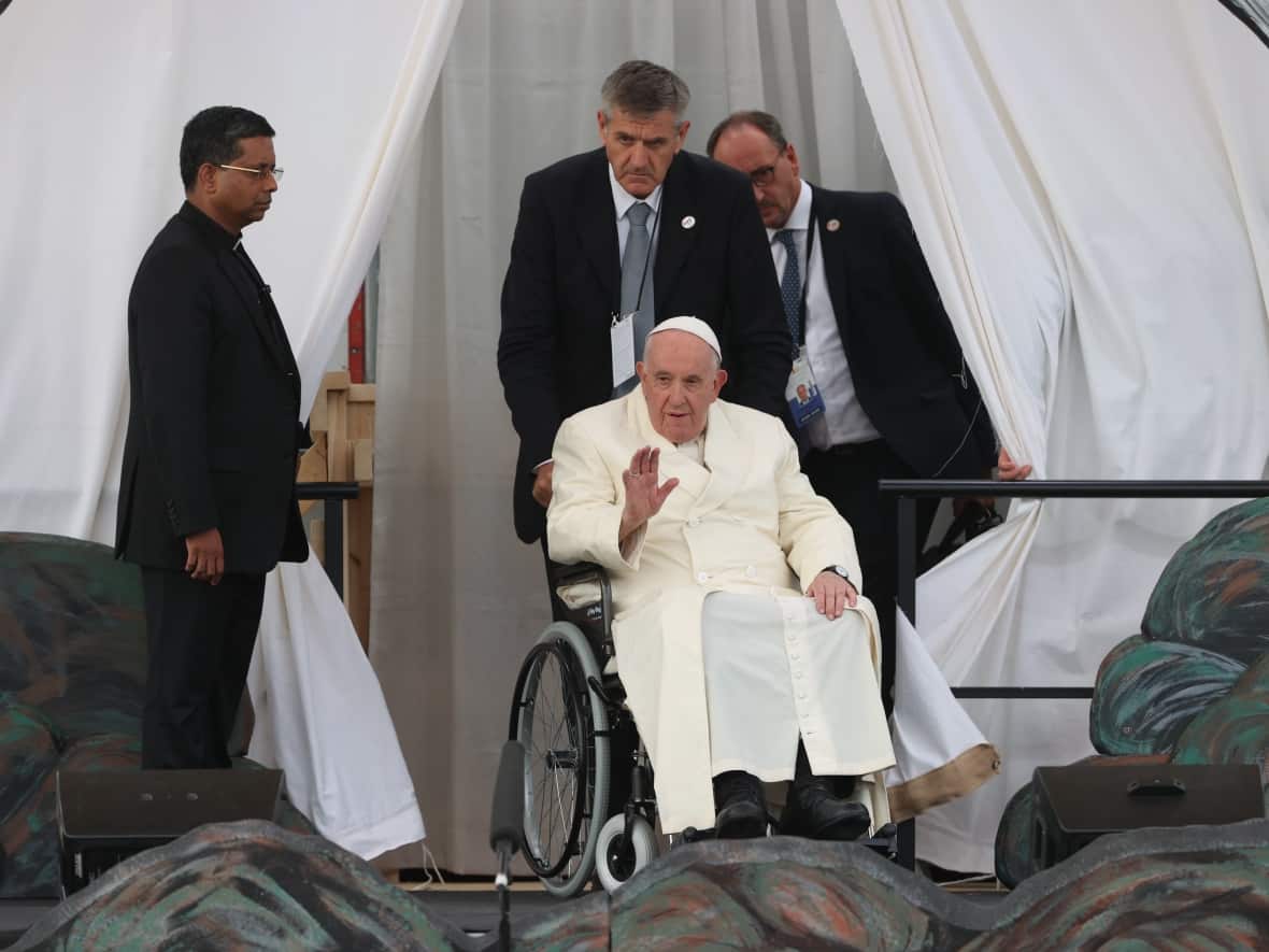 Pope Francis attends a community event near Nakasuk Elementary School in Iqaluit on Friday afternoon. In his speech, the Pope asked forgiveness and referred to the 'indignation and shame' he felt about Canada's residential schools. (Evan Mitsui/CBC - image credit)