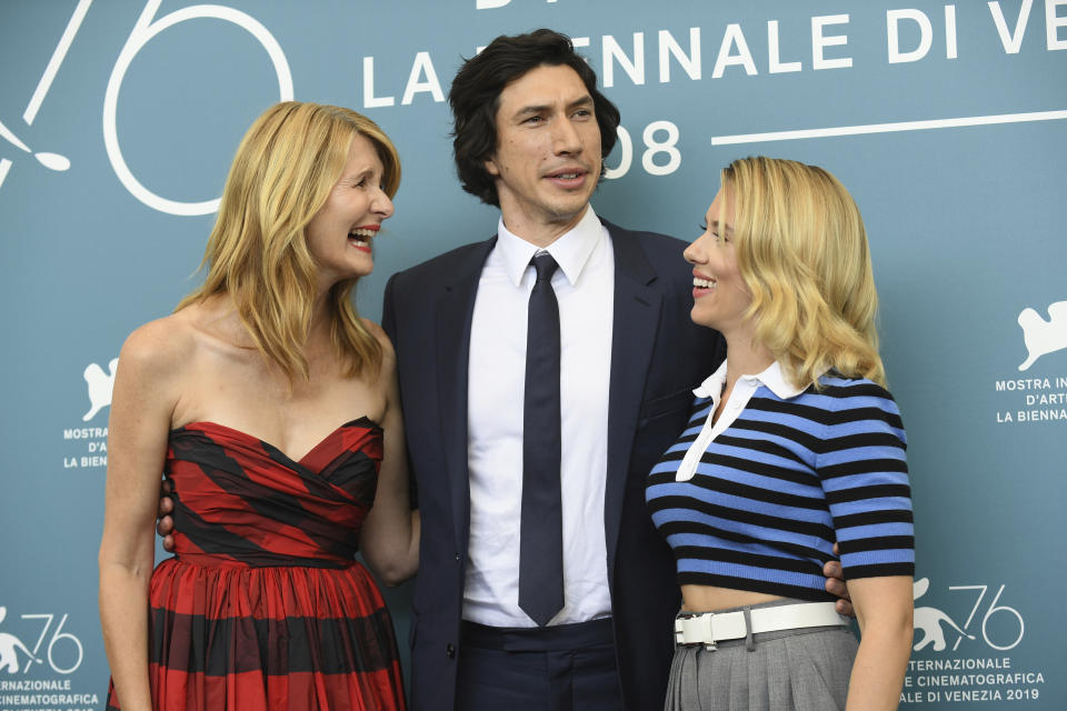 Actors Laura Dern, from left, Adam Driver and Scarlett Johansson pose for photographers at the photo call for the film 'Marriage Story' at the 76th edition of the Venice Film Festival in Venice, Italy, Thursday, Aug. 29, 2019. (Photo by Arthur Mola/Invision/AP)