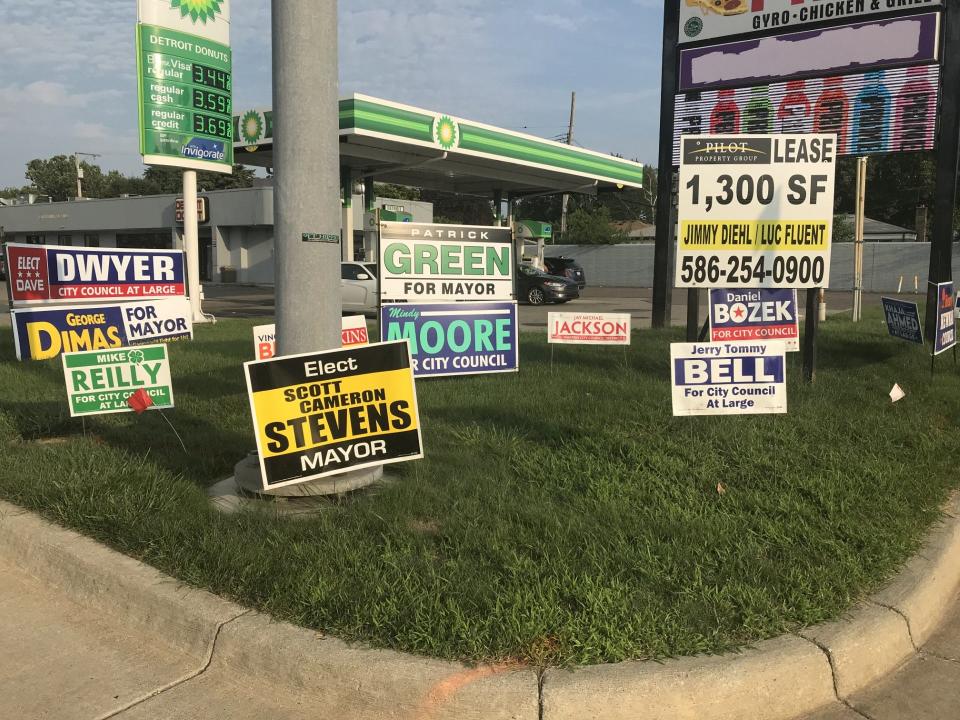 Political signs at 11 Mile and Hoover near I-696 in Warren on Aug. 2, 2023. Mayor, clerk and council candidates are squaring off in the Aug. 8, 2023 primary.