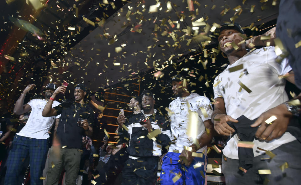 LAS VEGAS, NEVADA - JUNE 14: The Toronto Raptors celebrate their NBA championship at XS Nightclub at Wynn Las Vegas on June 14, 2019 in Las Vegas, Nevada. (Photo by David Becker/Getty Images for Wynn Las Vegas)