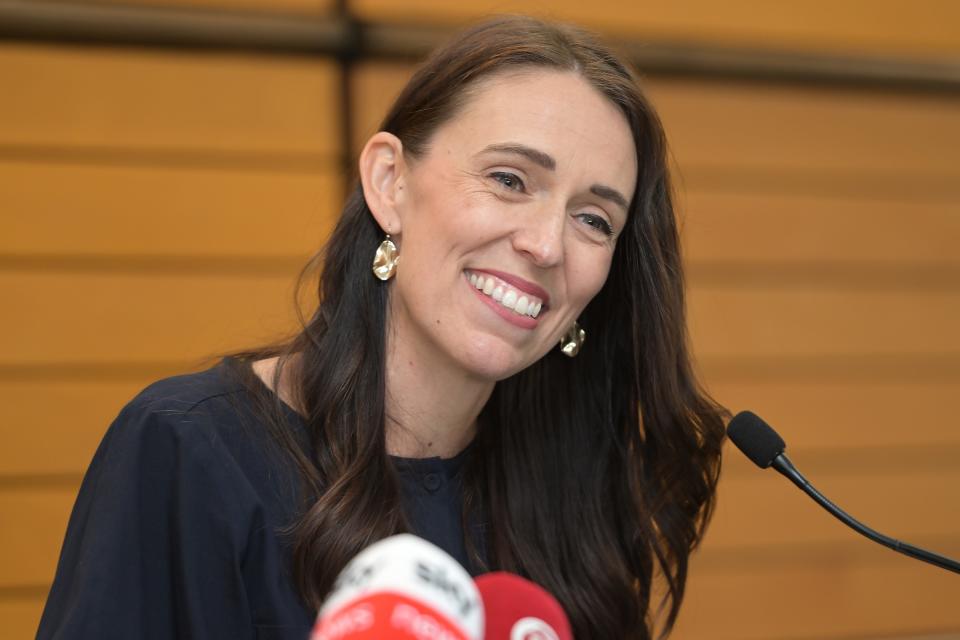 Prime Minister Jacinda Ardern announces her resignation at the War Memorial Centre in Napier, New Zealand.