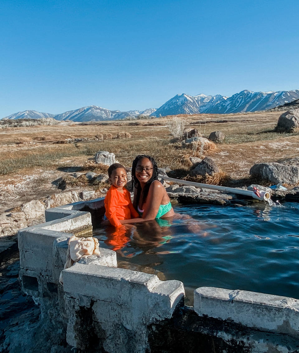Jayla Hardimon and her 3-year-old son Kareem at a hot spring in Mammoth Lakes, California. (Courtesy Jayla Hardimon)