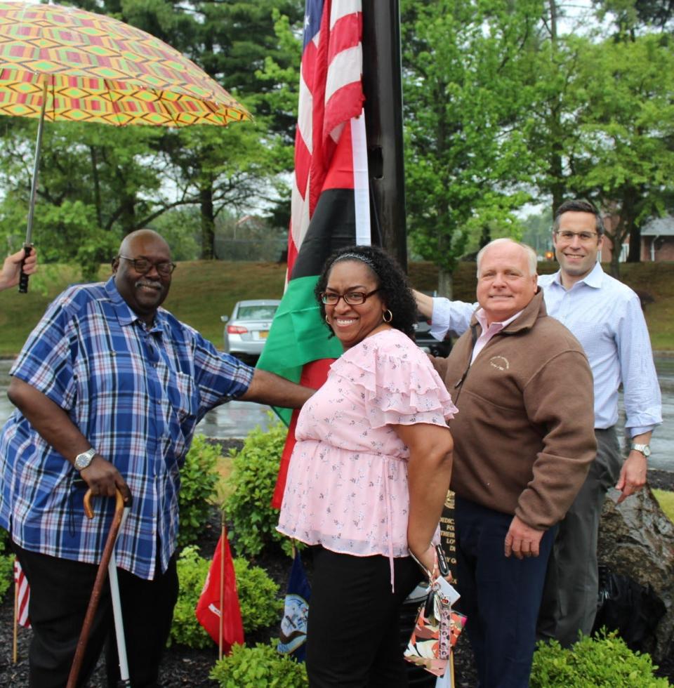 Haverstraw raised the African American flag outside Town Hall on  June 16, 2023, in recognition of Juneteenth. From left: Wilbur Aldridge, Mid-Hudson regional director of the NAACP; Nyack NAACP President Nicole Hines; Haverstraw Town Supervisor Howard Phillips; and state Assemblyman Ken Zebrowski, D-West Nyack.